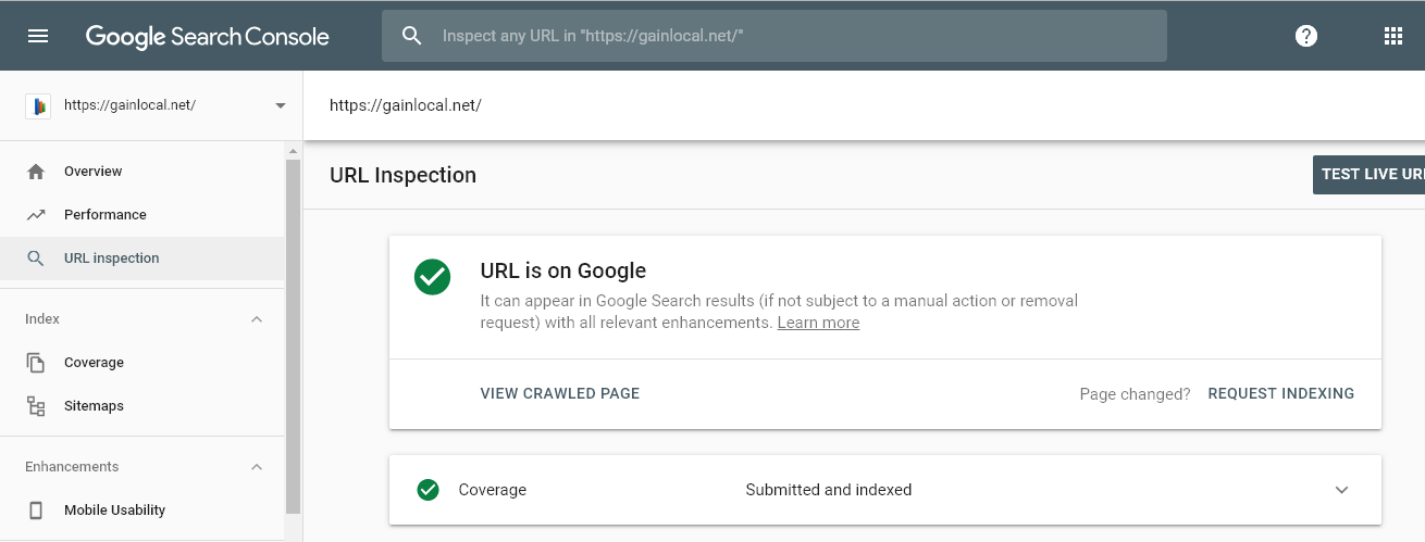 search console url inspection tool url crawled indexed