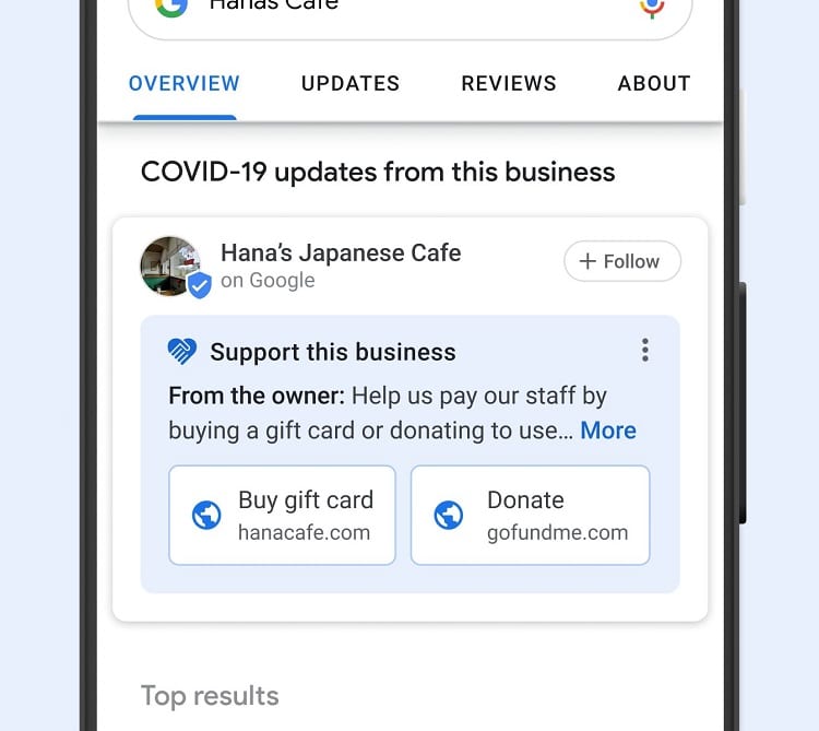 google my business support links screenshot