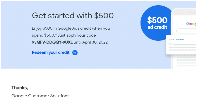 google ads $500 coupon code 2022
